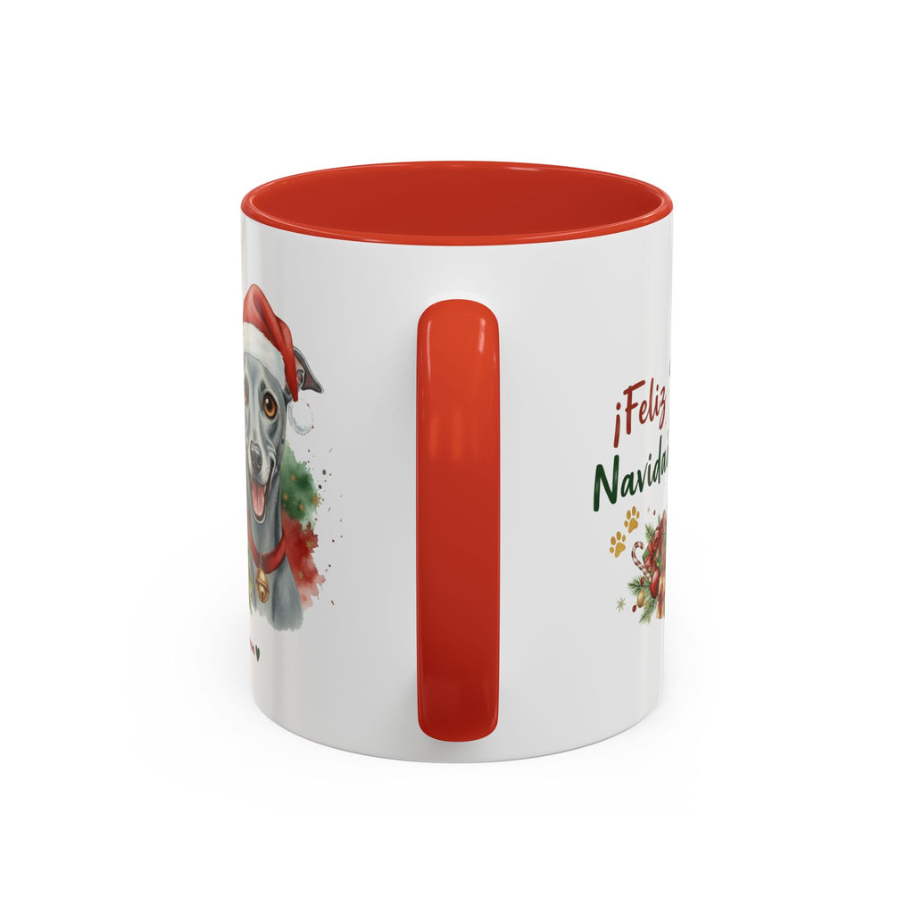 Taza Navideña Galgo Italiano de 325 ml con interior y asa en rojo navideño vista lateral Kiranoa