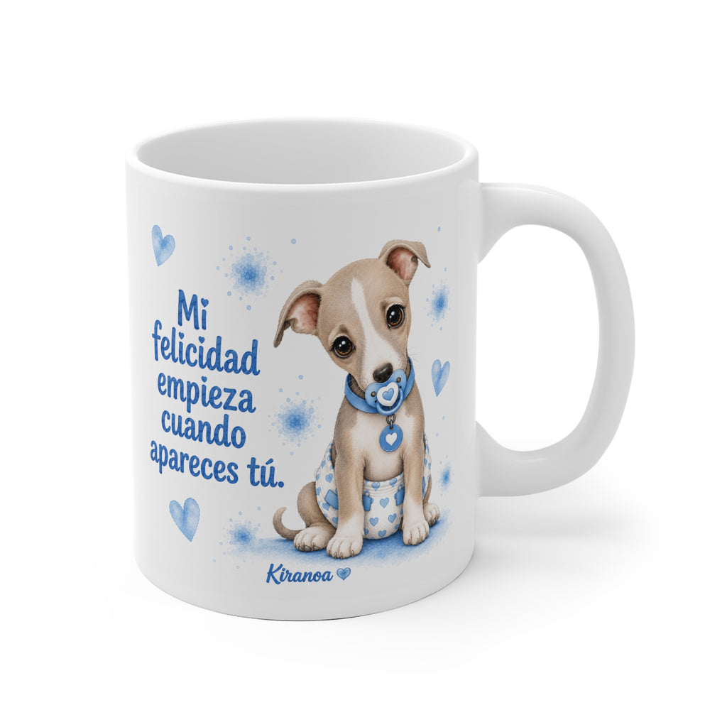 Taza cerámica Galgo Blue con frase Mi felicidad empieza cuando apareces tú – vista frontal