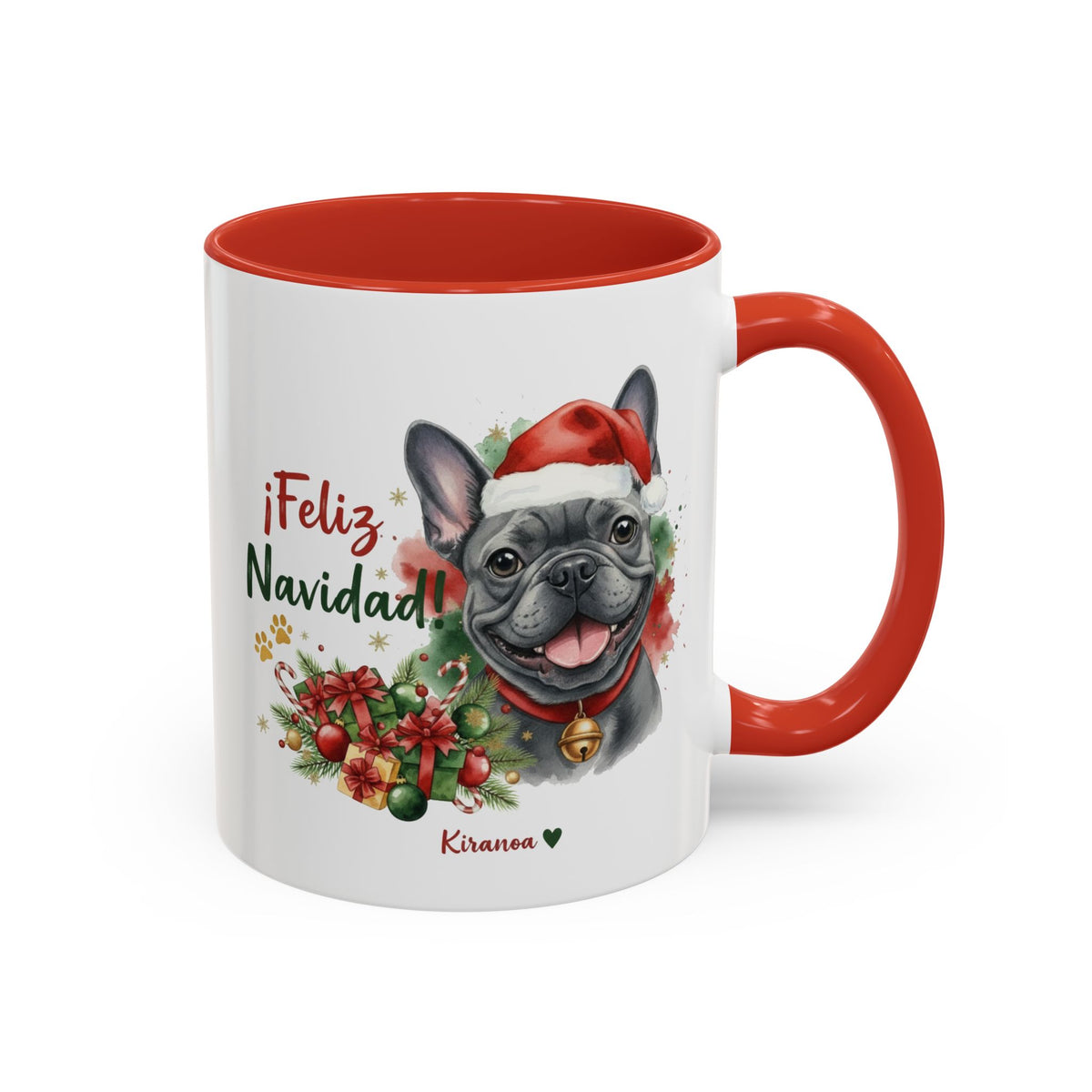 Taza Navideña Bulldog Francés Blue con frase ¡Feliz Navidad! vista frontal Kiranoa