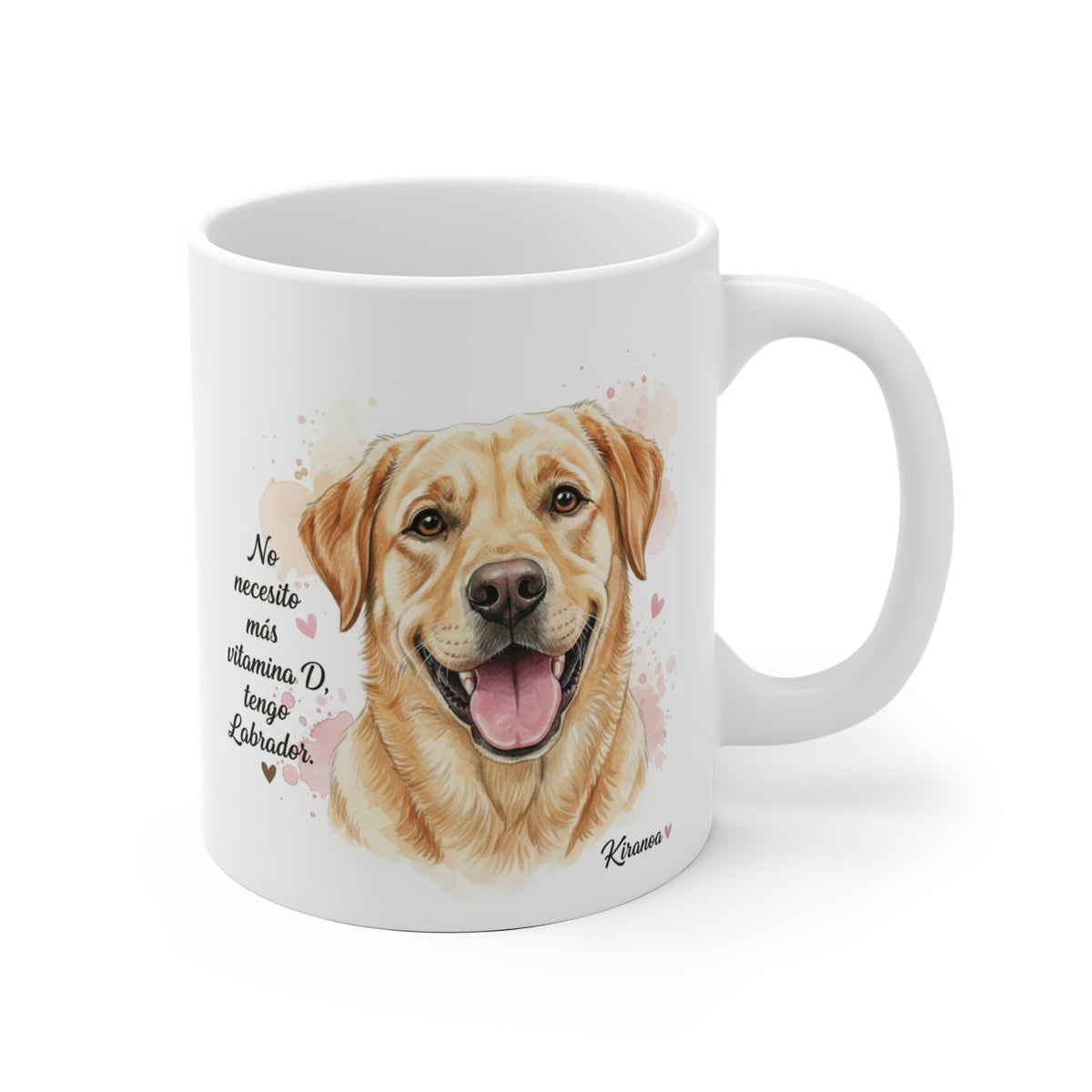 Taza cerámica Labrador con frase No necesito más vitamina D, tengo Labrador. – vista frontal