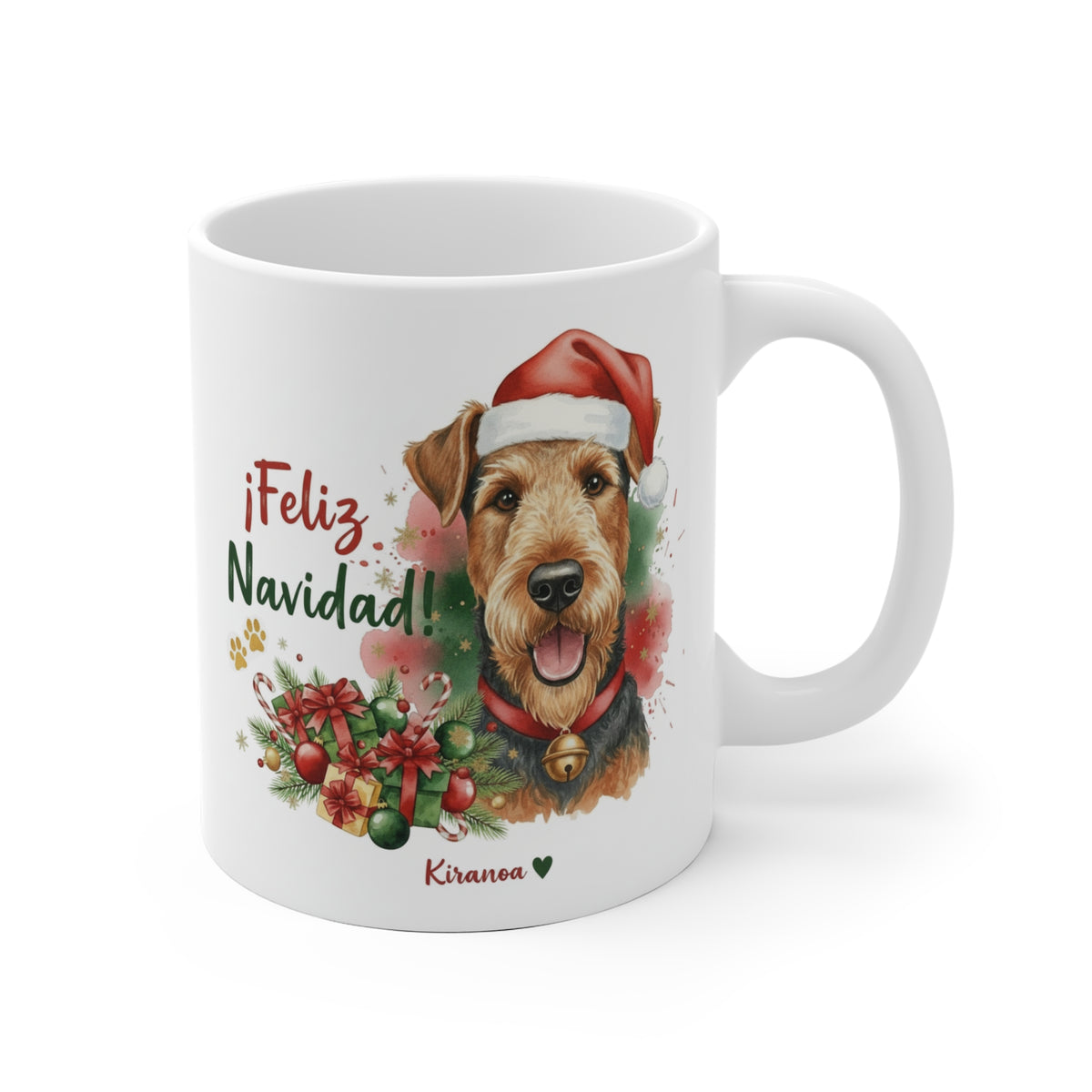 Taza cerámica Airedale con frase ¡Feliz Navidad! vista frontal Kiranoa