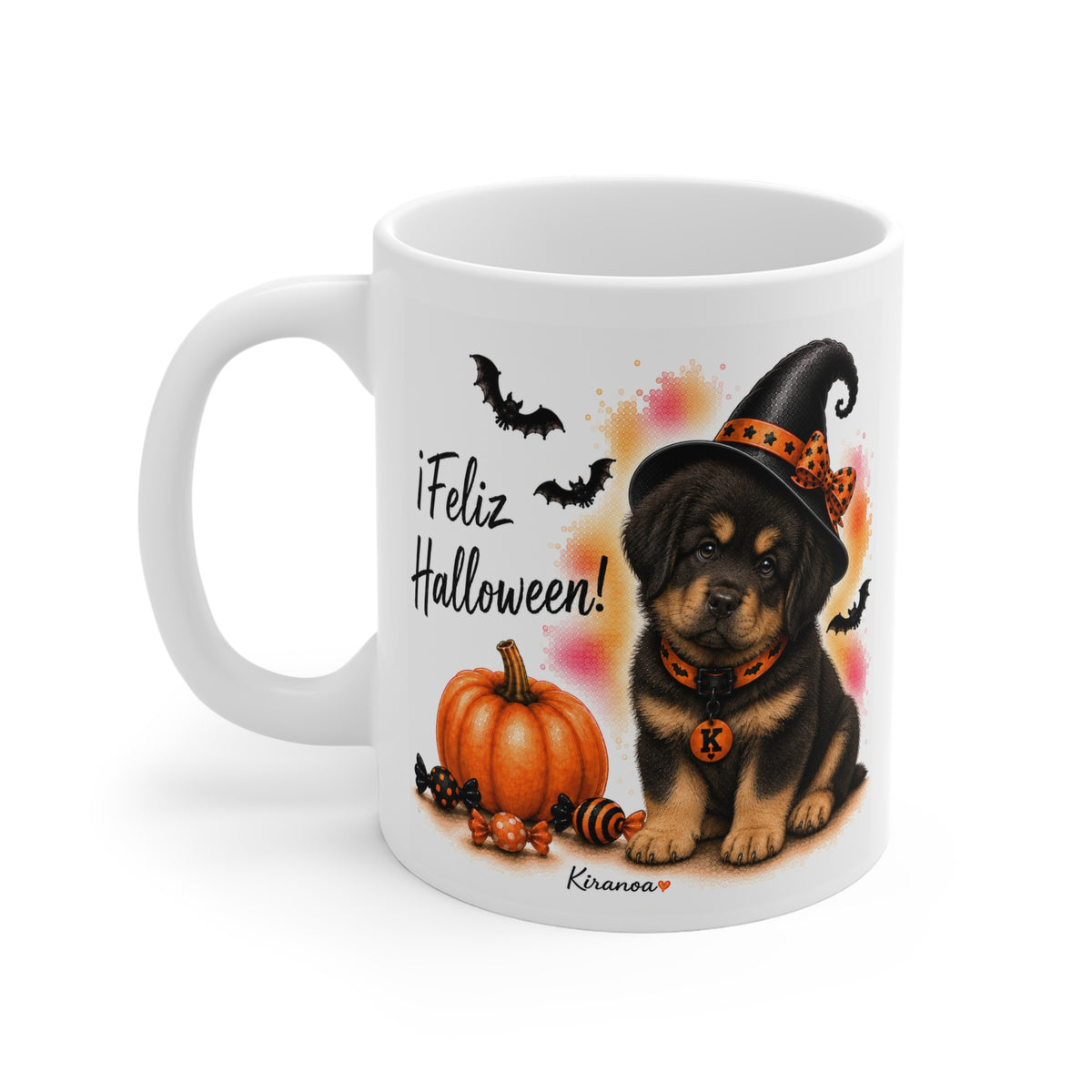 Taza cerámica Mastín Tibetano Halloween con diseño impreso en ambas caras vista trasera Kiranoa