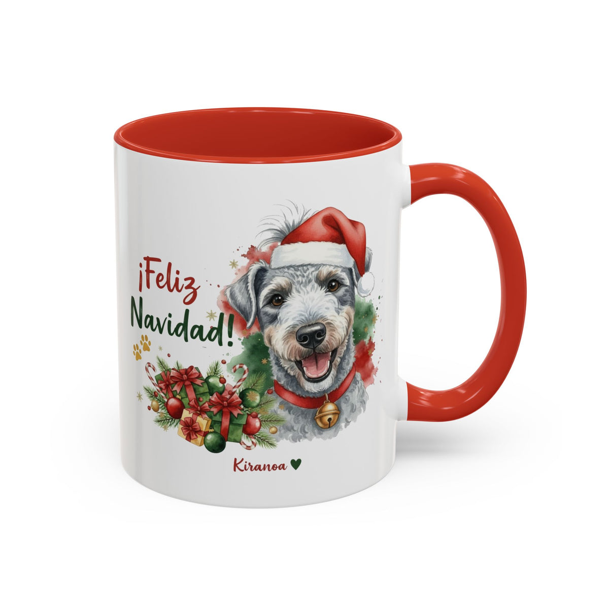 Taza Navideña Bedlington Terrier con frase ¡Feliz Navidad! vista frontal Kiranoa