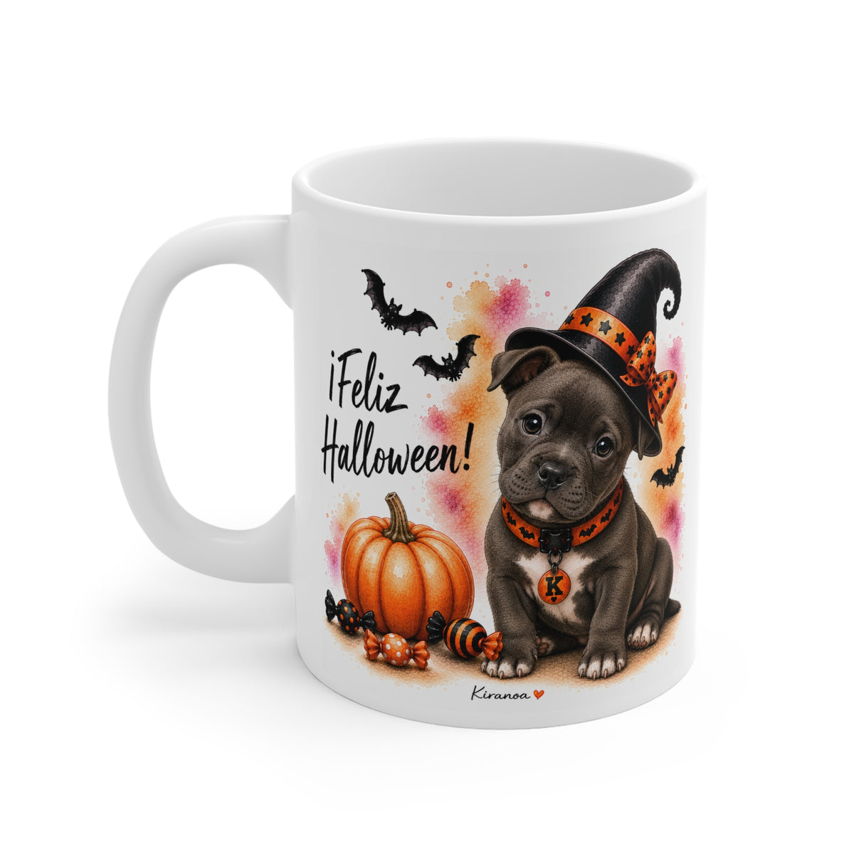 Taza cerámica Staffordshire Bull Terrier Halloween con diseño impreso en ambas caras vista trasera Kiranoa