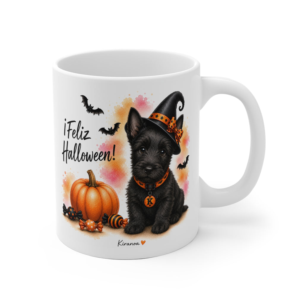 Taza cerámica Scottish Terrier Halloween con ilustración terrorífica – vista frontal