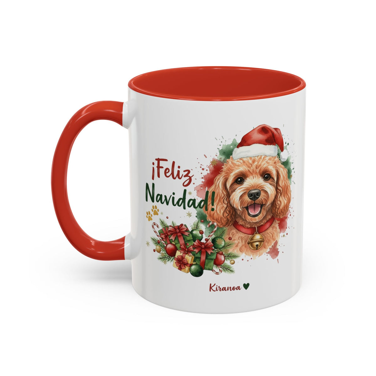 Taza Navideña Caniche Albaricoque con interior y asa roja vista trasera Kiranoa