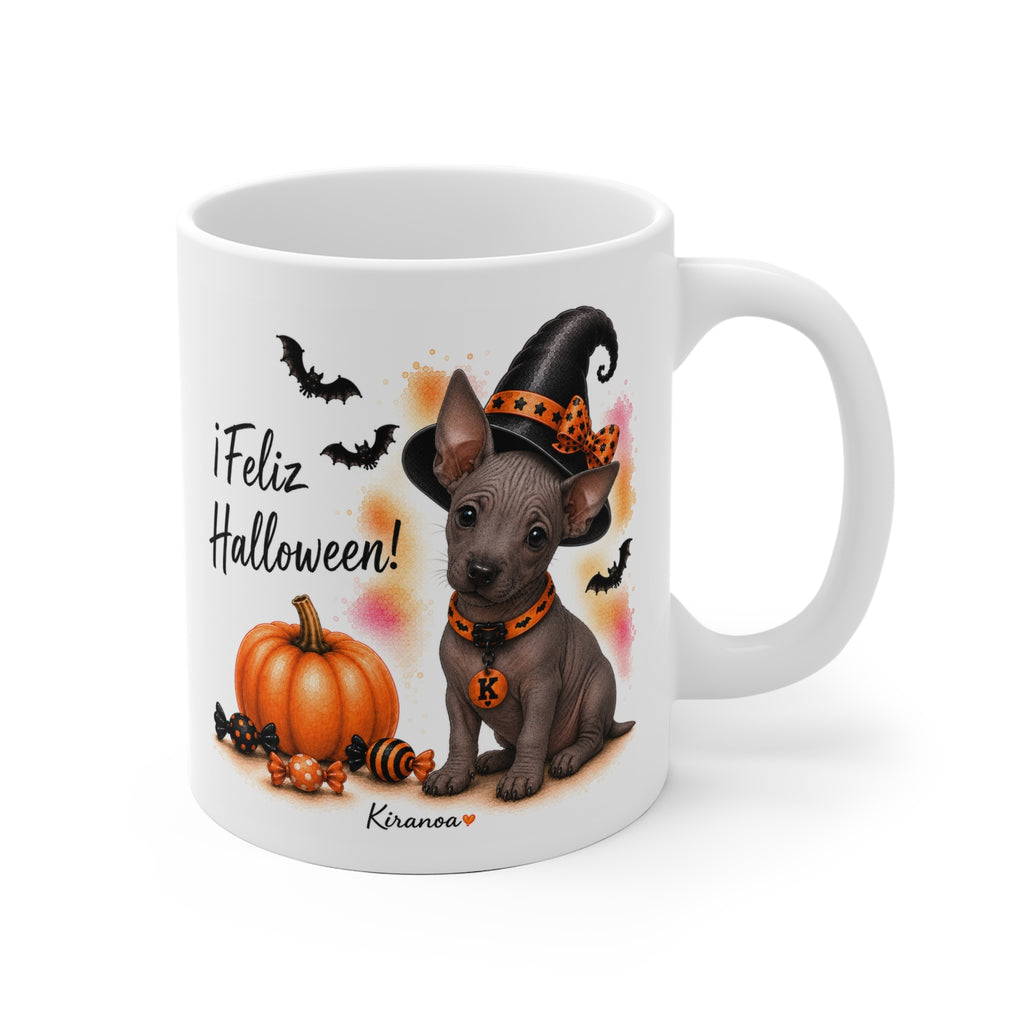 Taza cerámica Xoloitzcuintle Halloween con ilustración terrorífica vista frontal Kiranoa