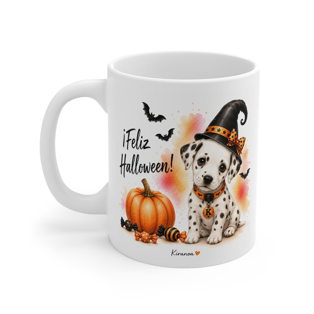 Taza cerámica Dálmata Halloween con diseño impreso en ambas caras vista trasera Kiranoa