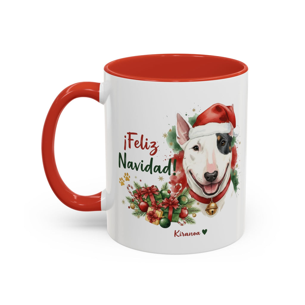 Taza Navideña Bull Terrier Miniatura con interior y asa roja vista trasera Kiranoa