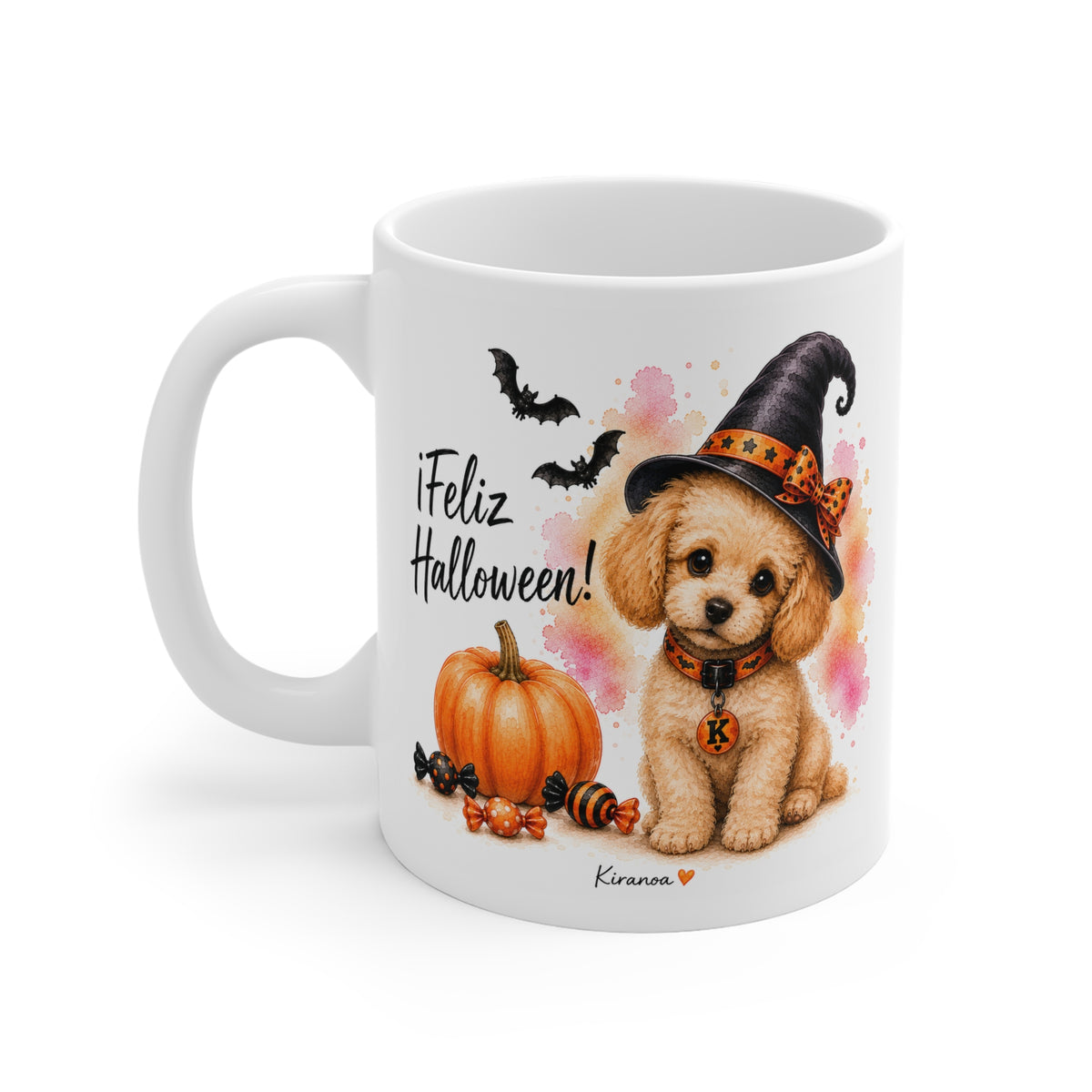 Taza cerámica Caniche Halloween con diseño impreso en ambas caras vista trasera Kiranoa