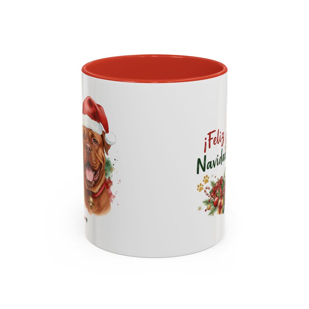 Taza Navideña Dogo de Burdeos con diseño navideño impreso vista lateral Kiranoa