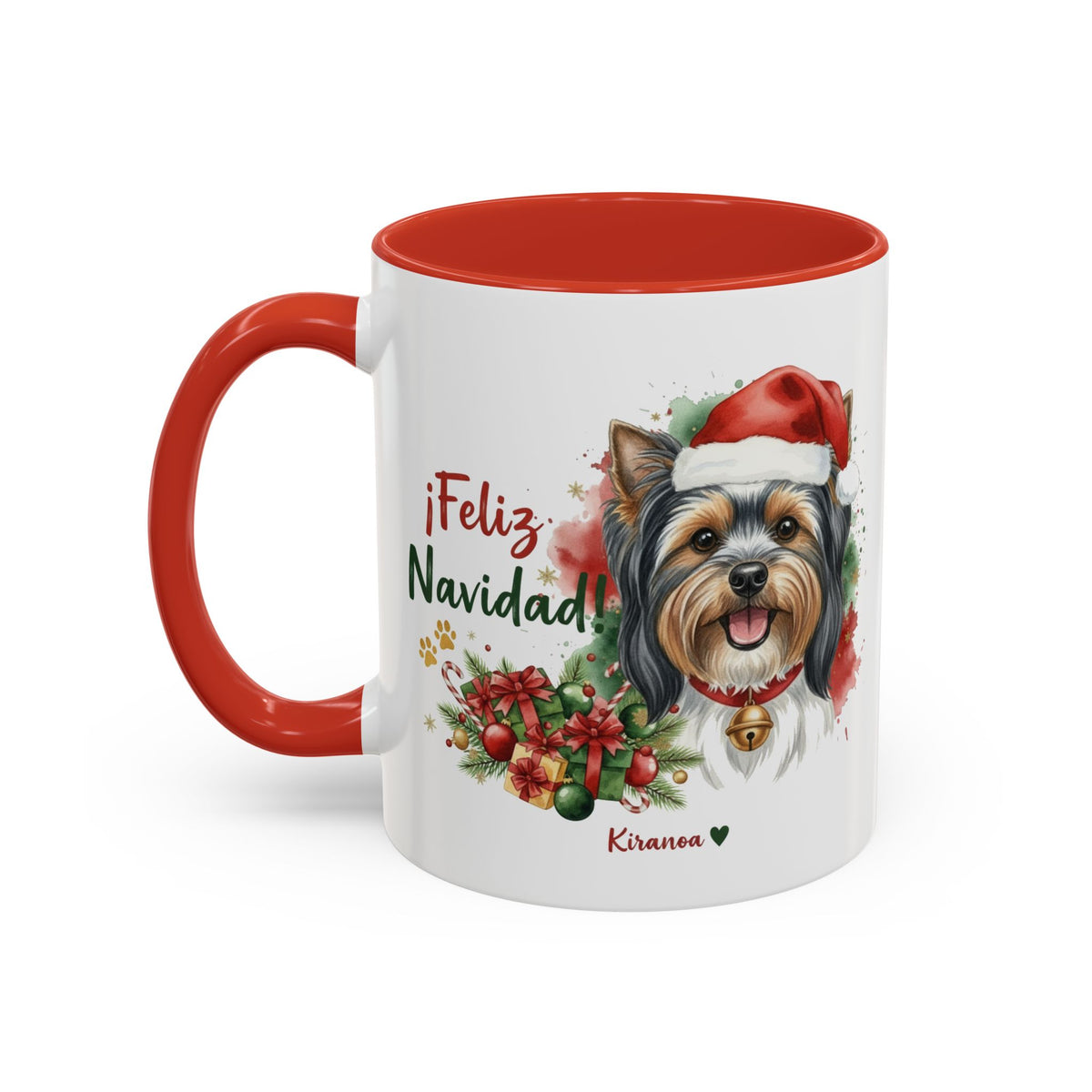 Taza Navideña Biewer Terrier con interior y asa roja vista trasera Kiranoa
