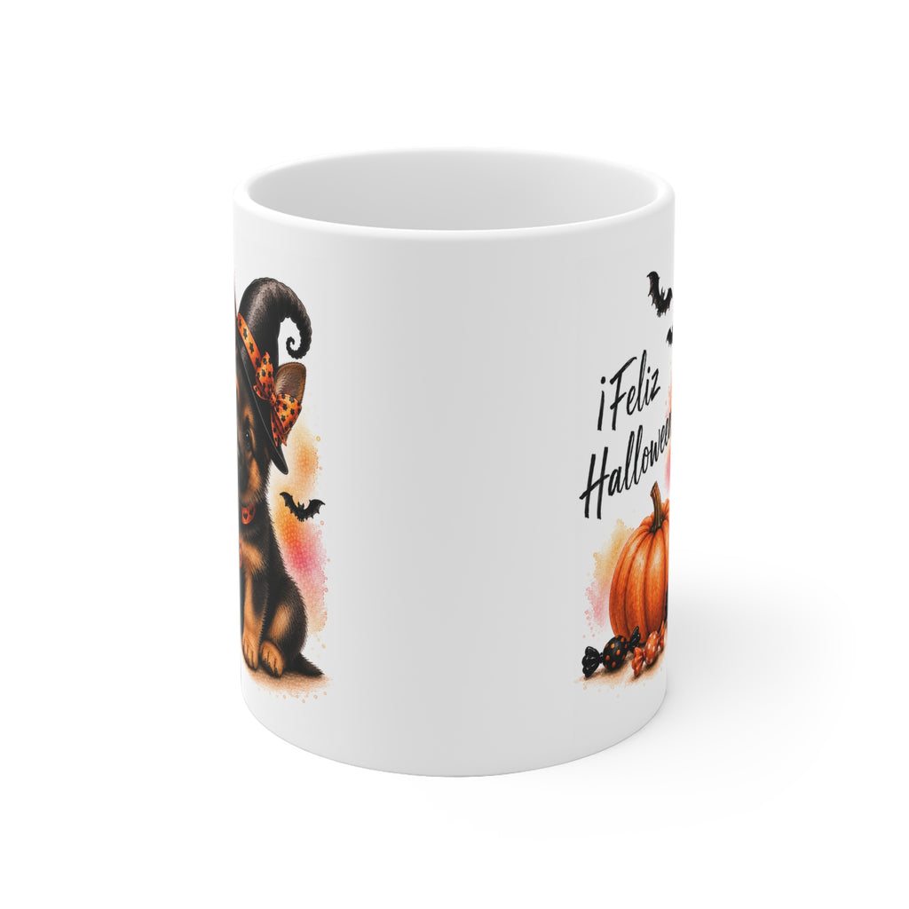 Taza cerámica Pastor Alemán 325 ml edición Halloween vista lateral Kiranoa