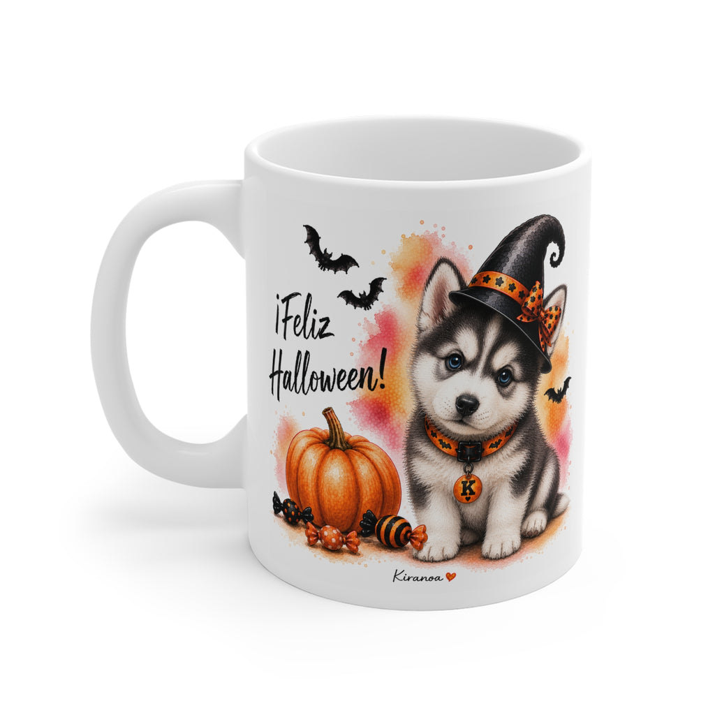 Taza cerámica Husky Siberiano Halloween con diseño impreso en ambas caras vista trasera Kiranoa