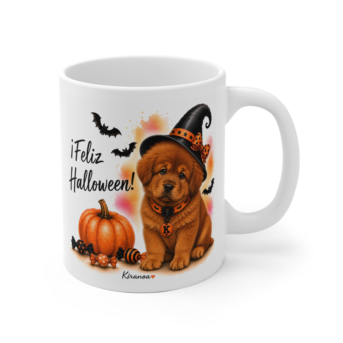 Taza cerámica Mastín Tibetano Rojo Halloween con ilustración terrorífica vista frontal Kiranoa