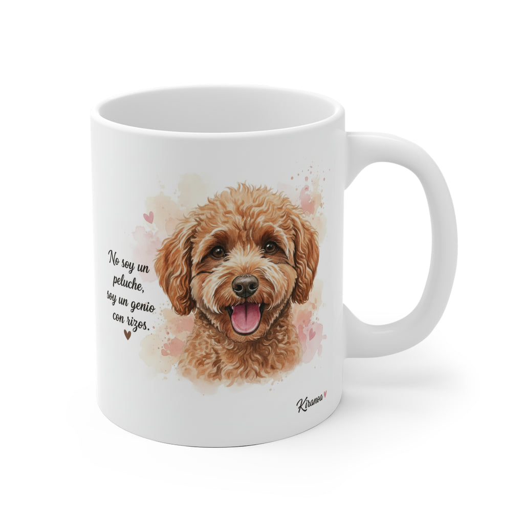 Taza cerámica Caniche Albaricoque con frase No soy un peluche, soy un genio con rizos – vista frontal