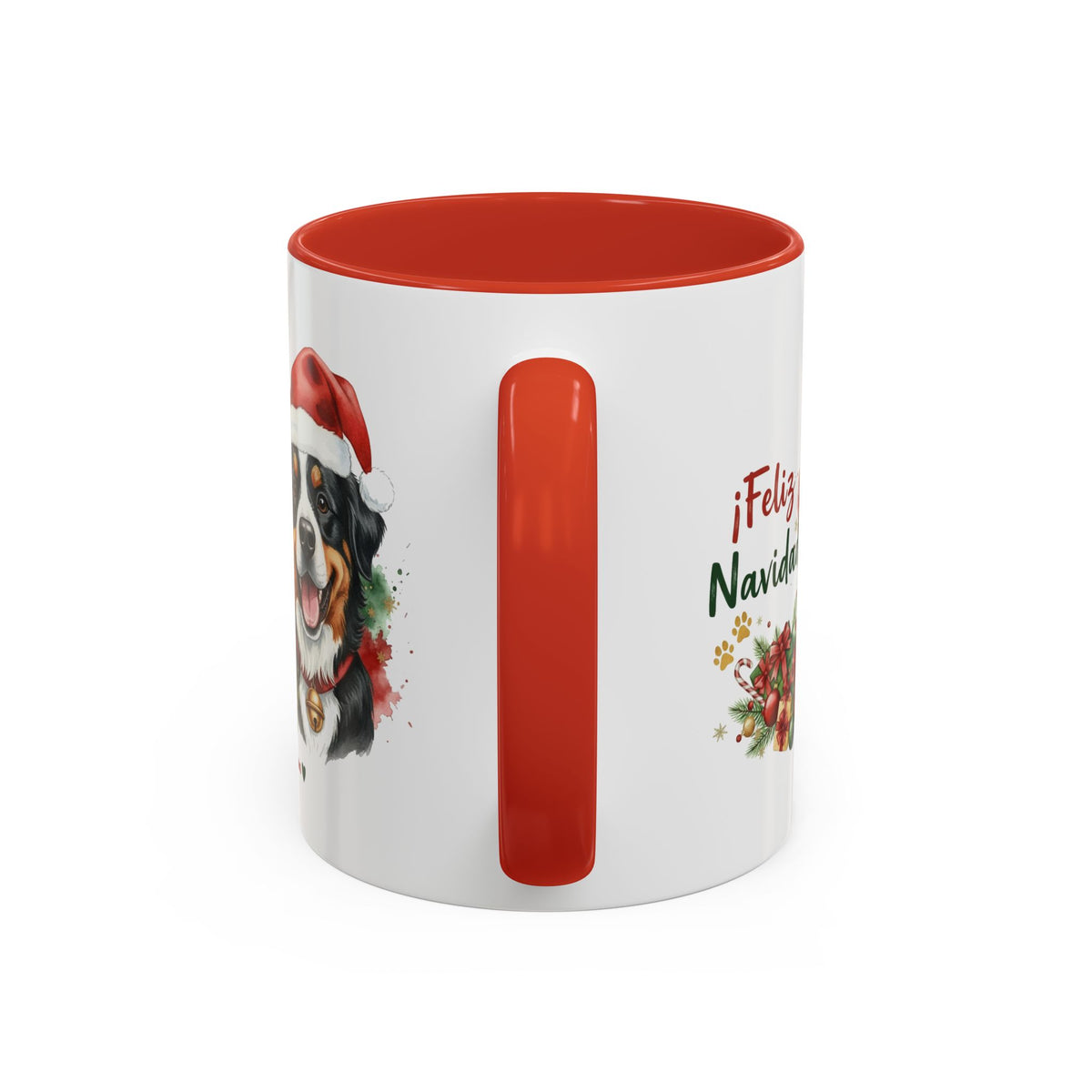 Taza Navideña Boyero de Berna de 325 ml con interior y asa en rojo navideño vista lateral Kiranoa