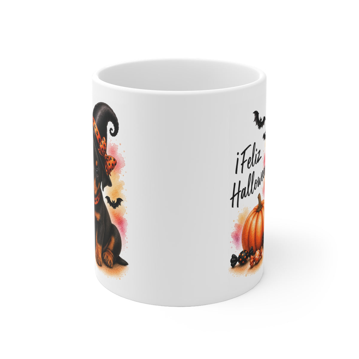 Taza cerámica Rottweiler 325 ml edición Halloween vista lateral Kiranoa