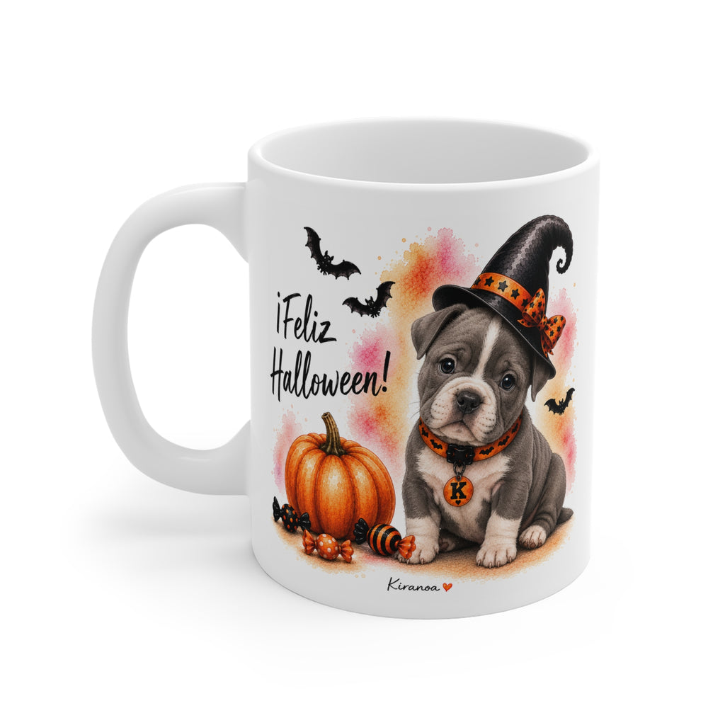 Taza cerámica American Bully Halloween con diseño impreso en ambas caras vista trasera Kiranoa