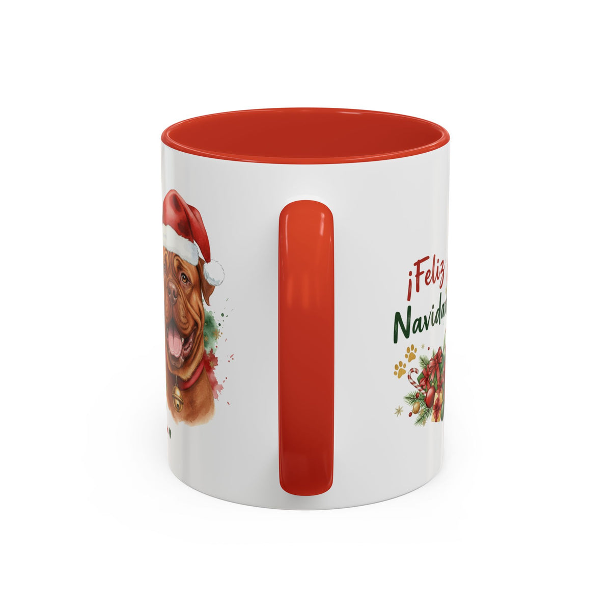 Taza Navideña Dogo de Burdeos de 325 ml con interior y asa en rojo navideño vista lateral Kiranoa