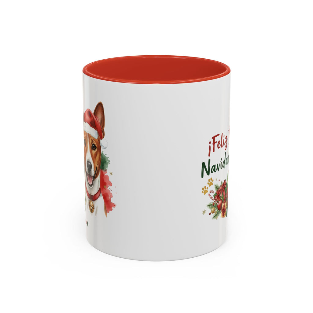 Taza Navideña Basenji con diseño navideño impreso vista lateral Kiranoa
