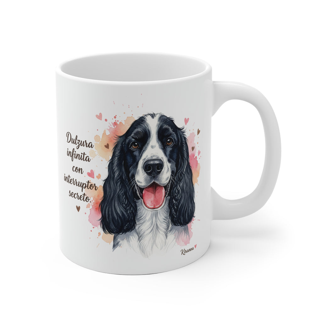 Taza cerámica Cocker Spaniel Americano con frase Dulzura infinita con interruptor secreto – vista frontal