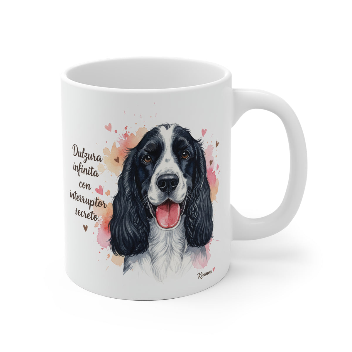 Taza cerámica Cocker Spaniel Americano con frase Dulzura infinita con interruptor secreto – vista frontal