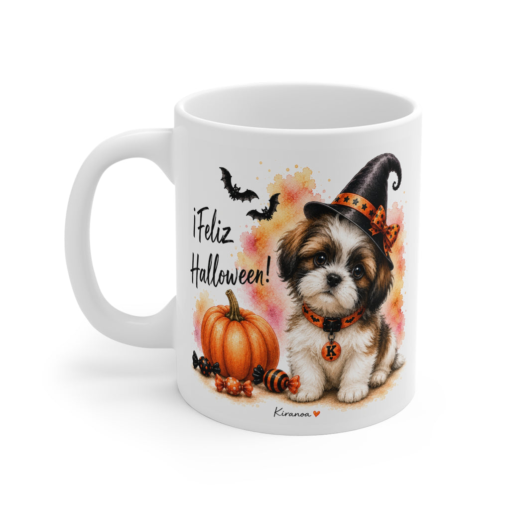 Taza cerámica Shih Tzu Halloween con diseño impreso en ambas caras vista trasera Kiranoa