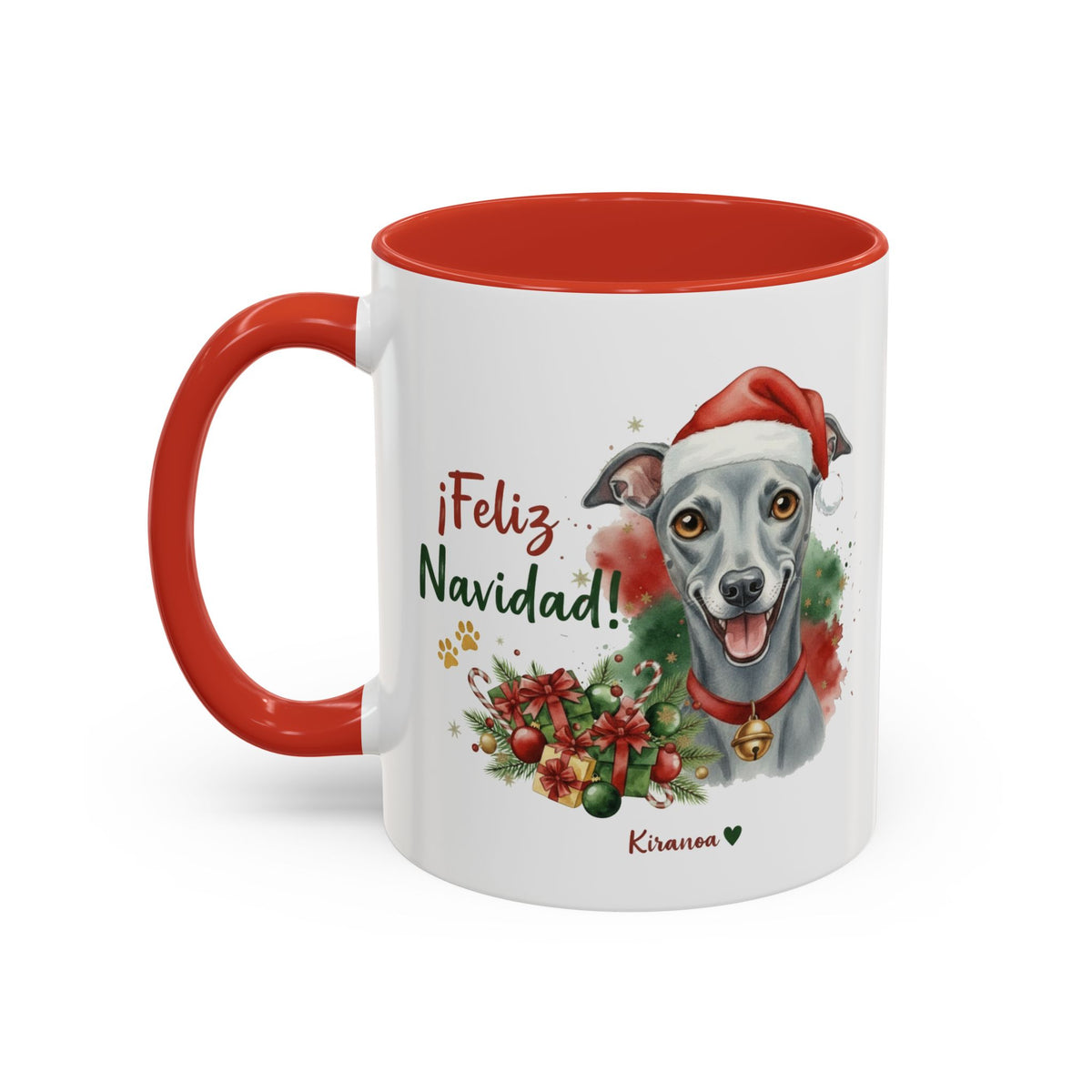 Taza Navideña Galgo Italiano con interior y asa roja vista trasera Kiranoa