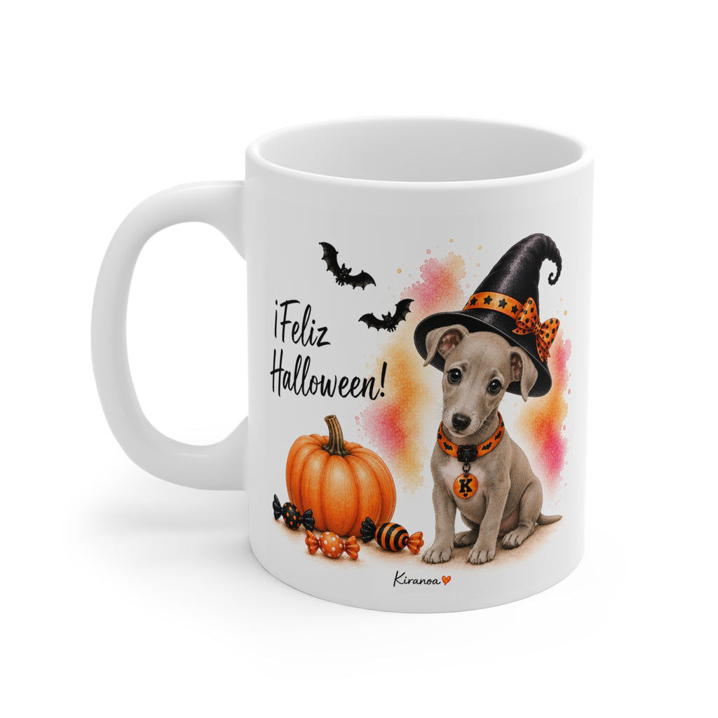 Taza cerámica Whippet Halloween con diseño impreso en ambas caras vista trasera Kiranoa