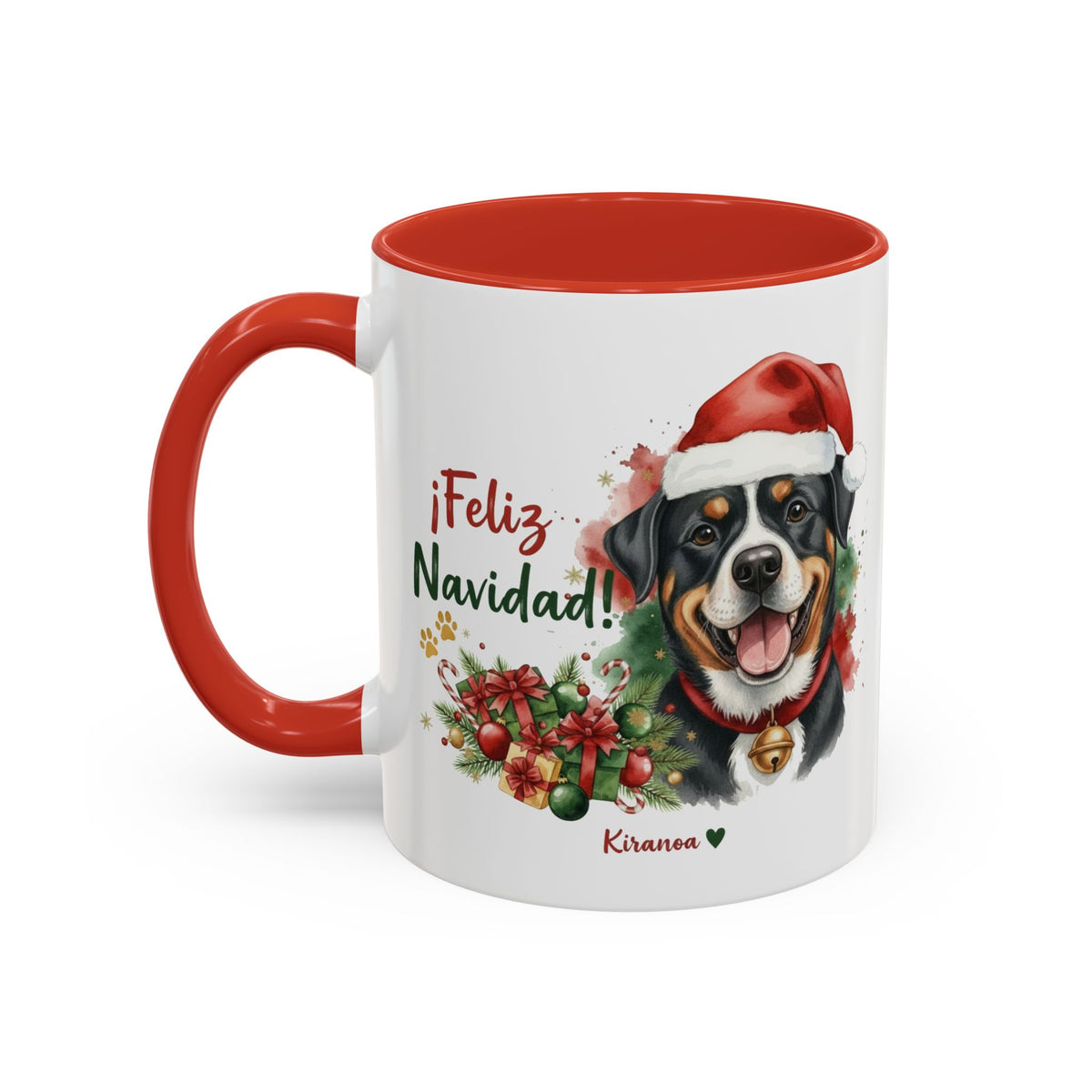 Taza Navideña Gran Boyero Suizo con interior y asa roja vista trasera Kiranoa