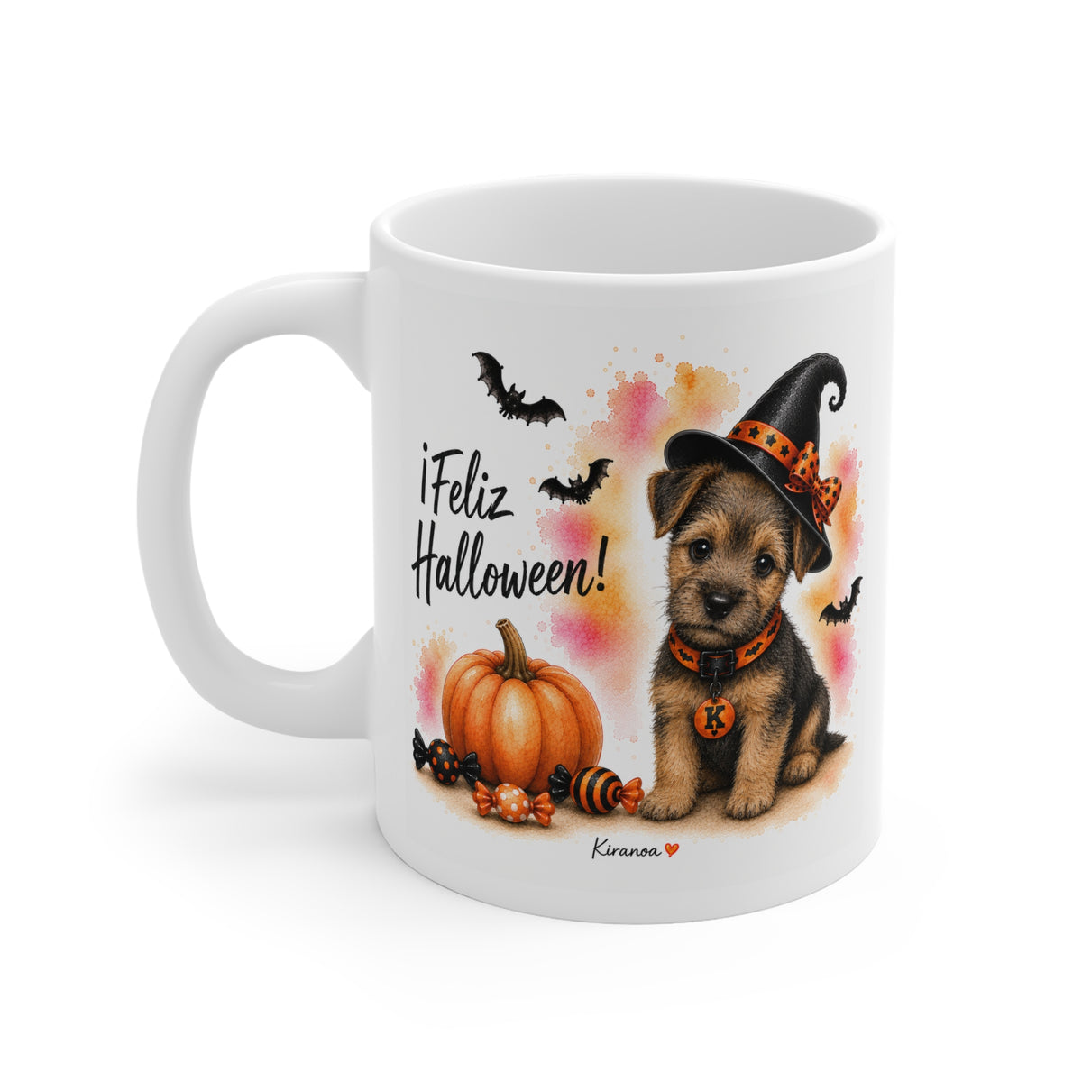 Taza cerámica Border Terrier Halloween con diseño impreso en ambas caras vista trasera Kiranoa