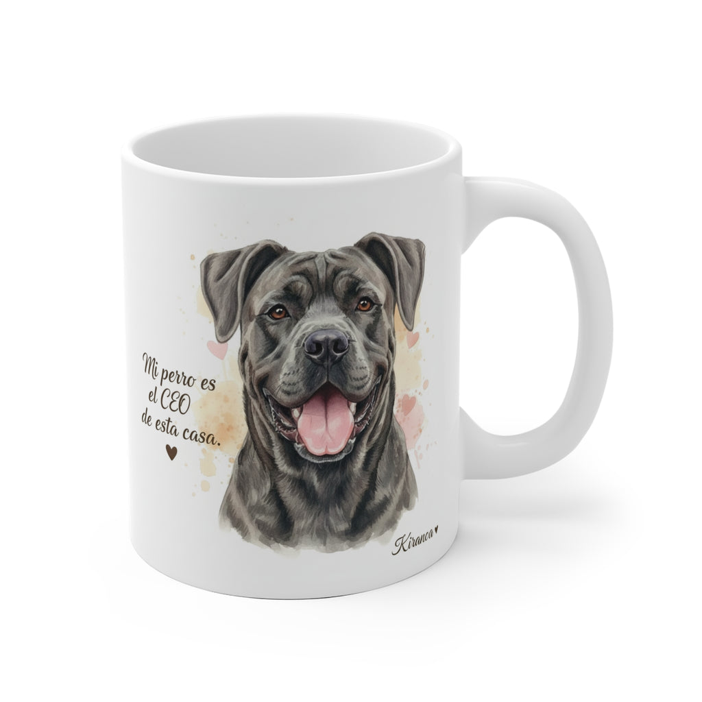 Taza cerámica Cane Corso con frase Mi perro es el CEO de esta casa – vista frontal