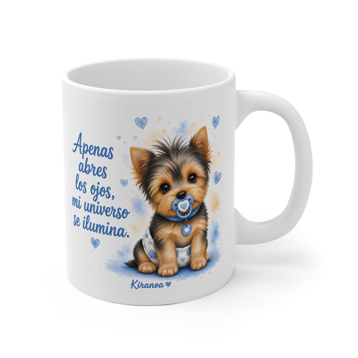 Taza cerámica Yorkshire Terrier Blue con frase Apenas abres los ojos mi universo se ilumina – vista frontal