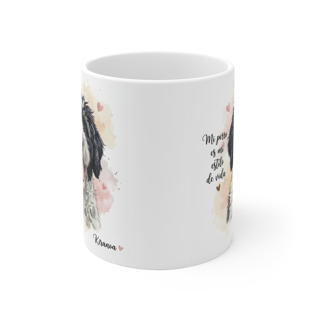 Vista lateral de la taza de cerámica 325 ml con ilustración de Perro de Agua Español – Kiranoa