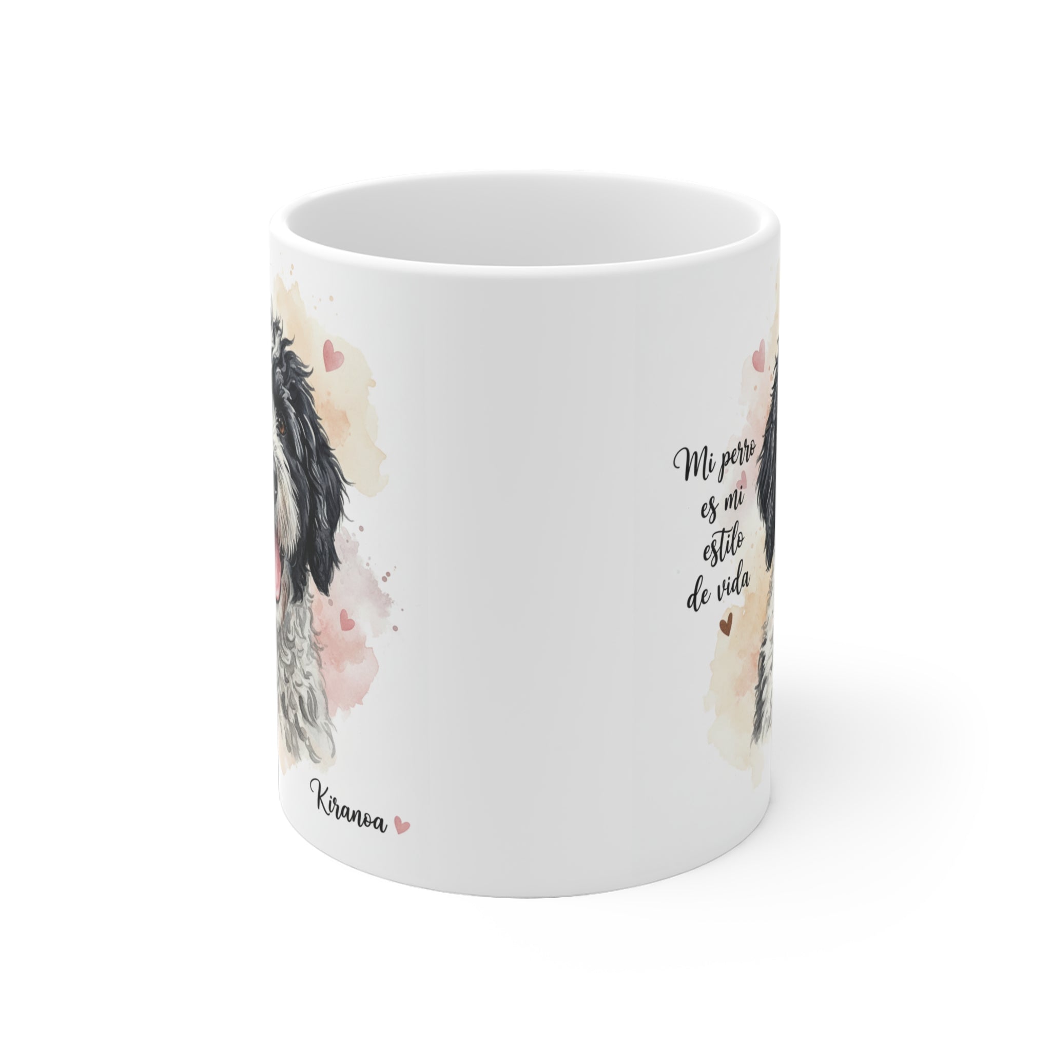 Vista lateral de la taza de cerámica 325 ml con ilustración de Perro de Agua Español – Kiranoa