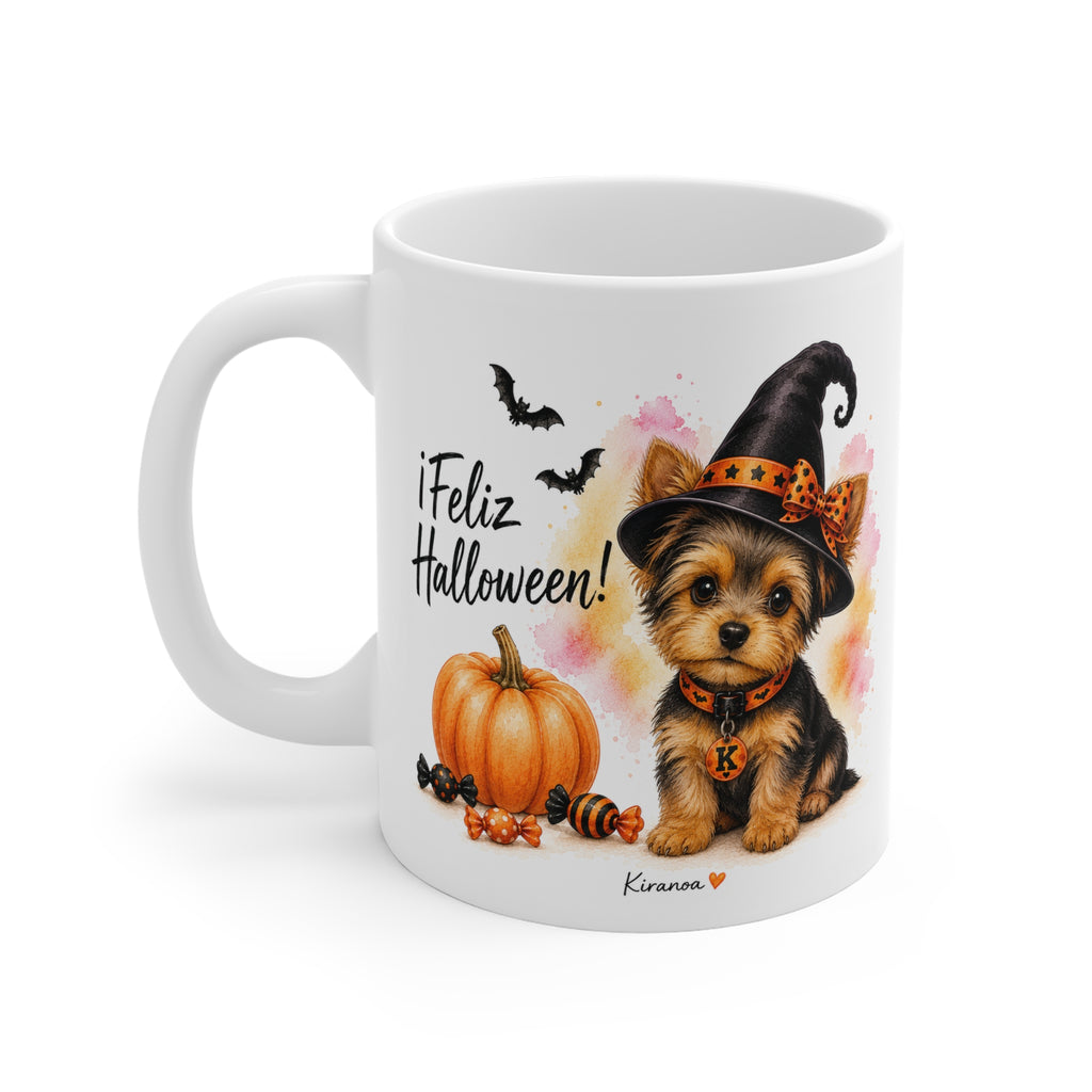Taza cerámica Yorkshire Terrier Halloween con diseño impreso en ambas caras vista trasera Kiranoa