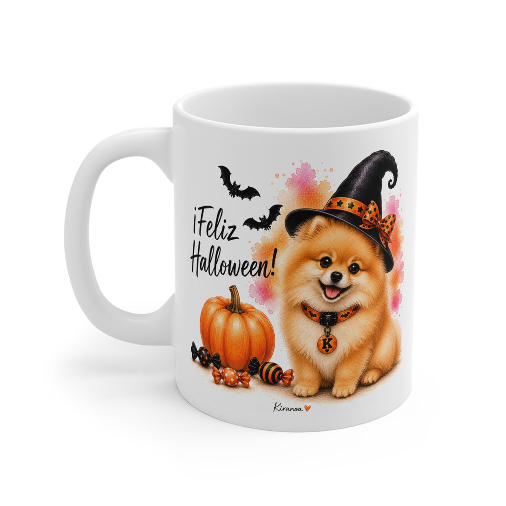 Taza cerámica Spitz Alemán Halloween con diseño impreso en ambas caras vista trasera Kiranoa