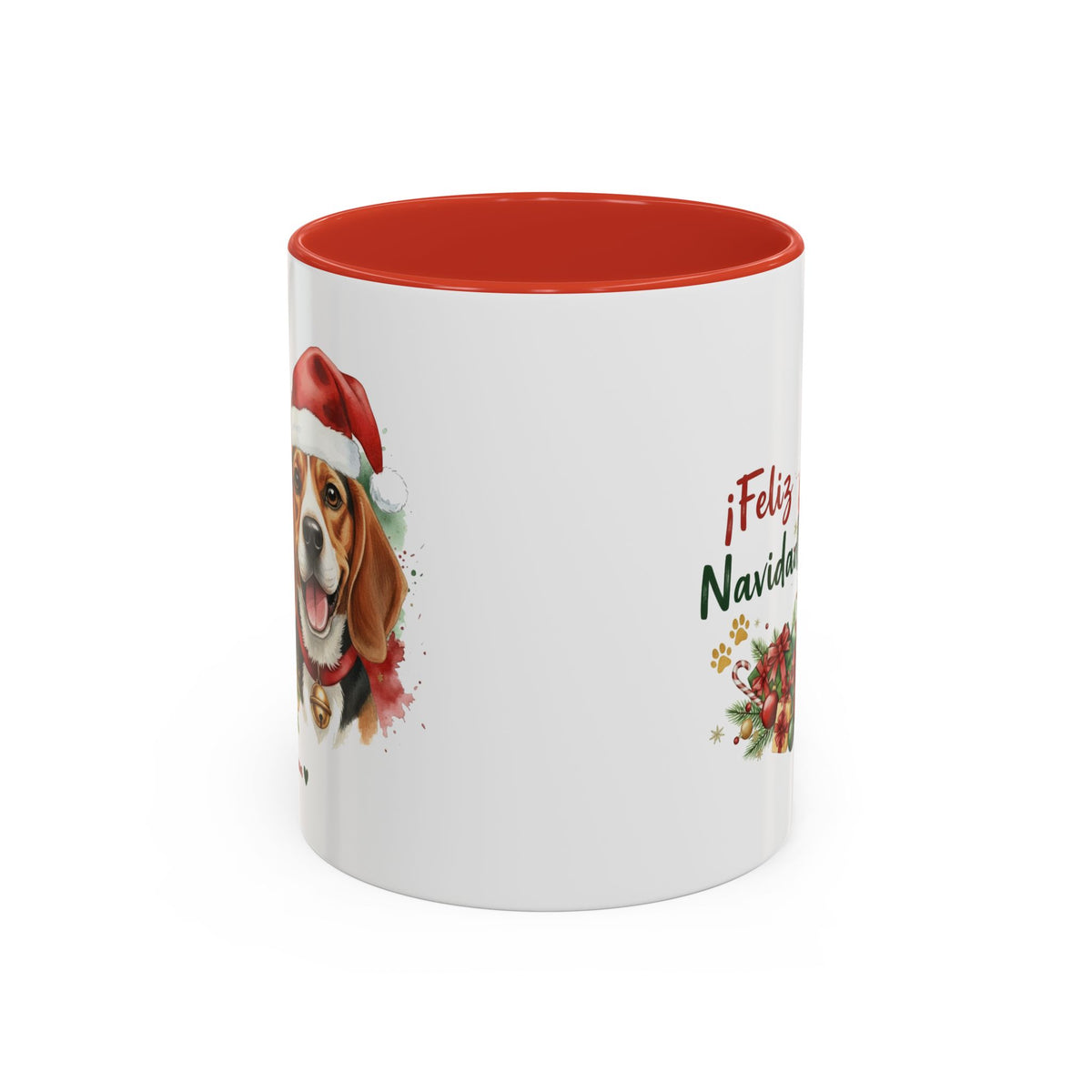 Taza Navideña Beagle con diseño navideño impreso vista lateral Kiranoa