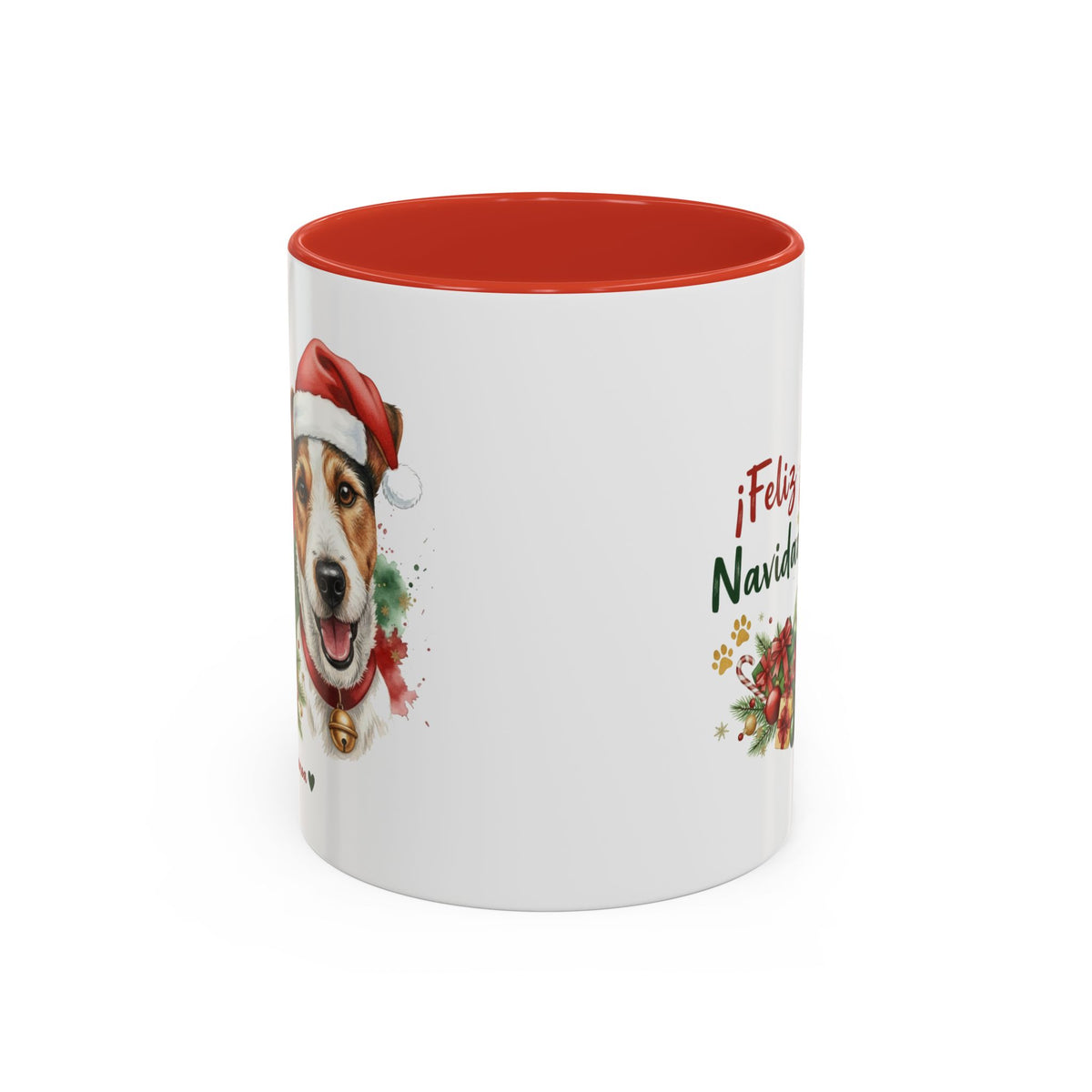 Taza Navideña Fox Terrier con diseño navideño impreso vista lateral Kiranoa