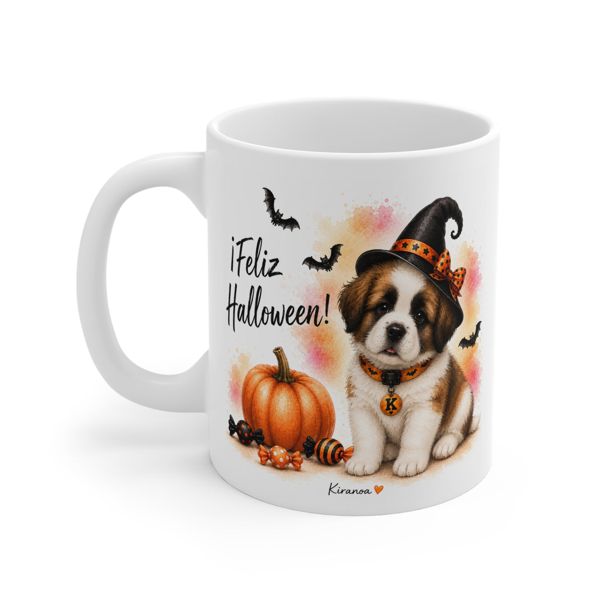 Taza cerámica San Bernardo Halloween con diseño impreso en ambas caras vista trasera Kiranoa