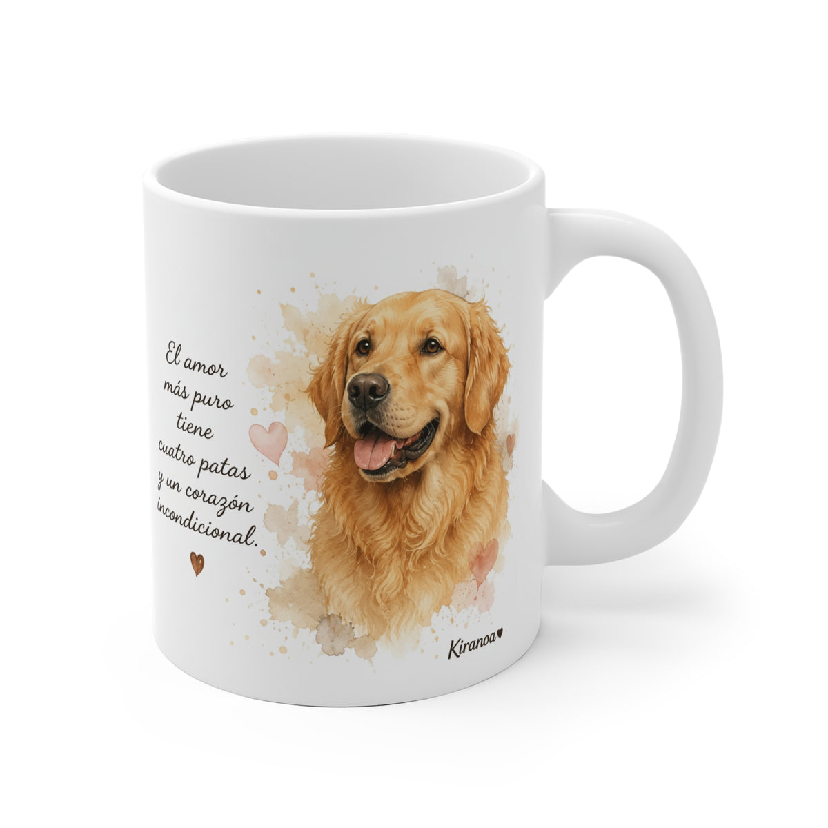 Taza cerámica Golden Retriever con frase El amor más puro tiene cuatro patas – vista frontal