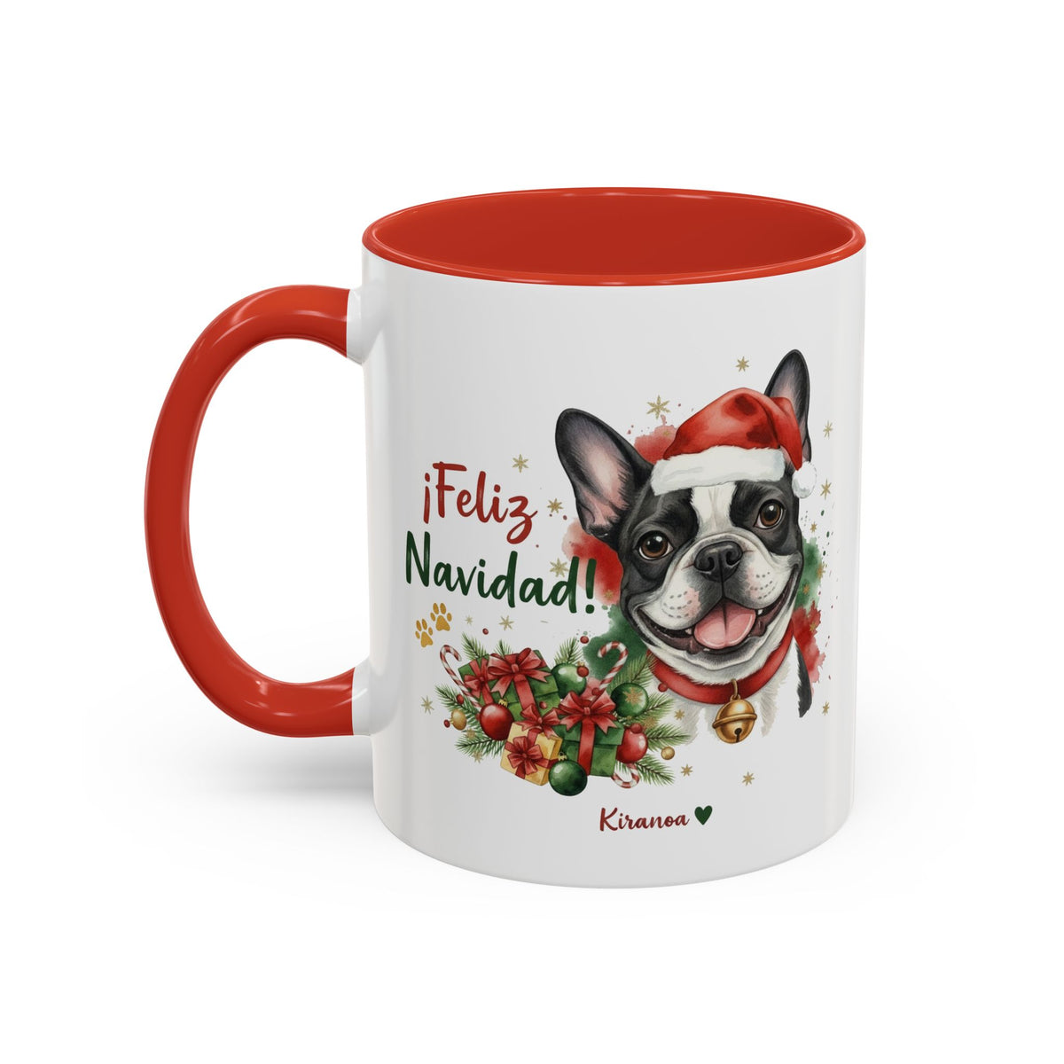 Taza Navideña Bulldog Francés con interior y asa roja vista trasera Kiranoa