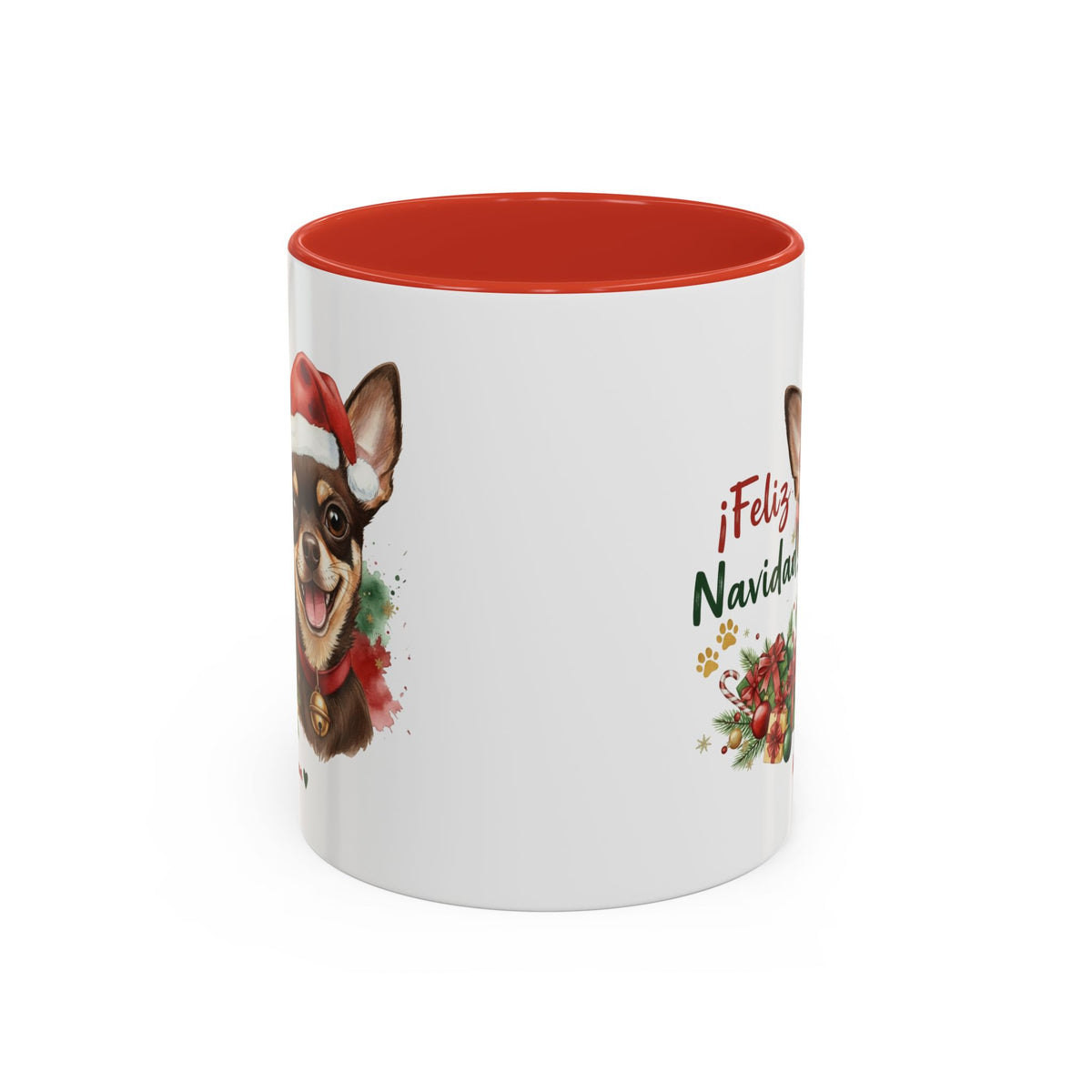 Taza Navideña Chihuahua chocolate con diseño navideño impreso vista lateral Kiranoa