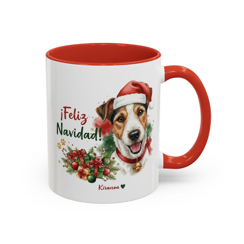 Taza Navideña Fox Terrier con frase ¡Feliz Navidad! vista frontal Kiranoa