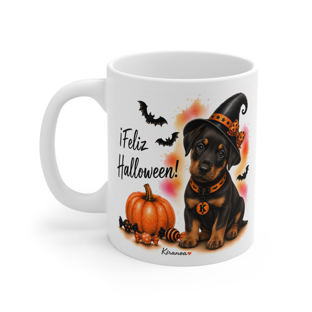 Taza cerámica Doberman Halloween con diseño impreso en ambas caras vista trasera Kiranoa