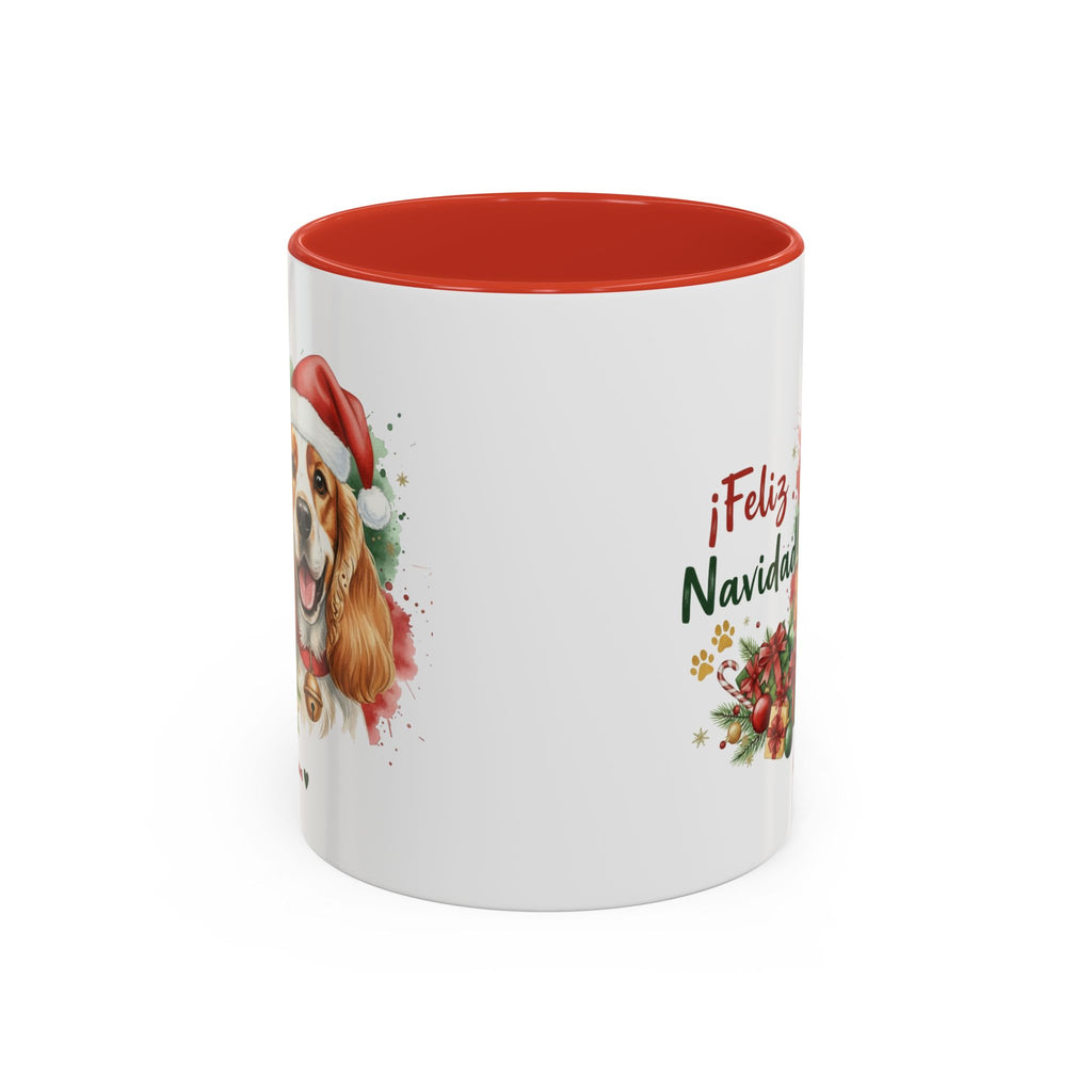 Taza Navideña Cocker Spaniel Inglés con diseño navideño impreso vista lateral Kiranoa