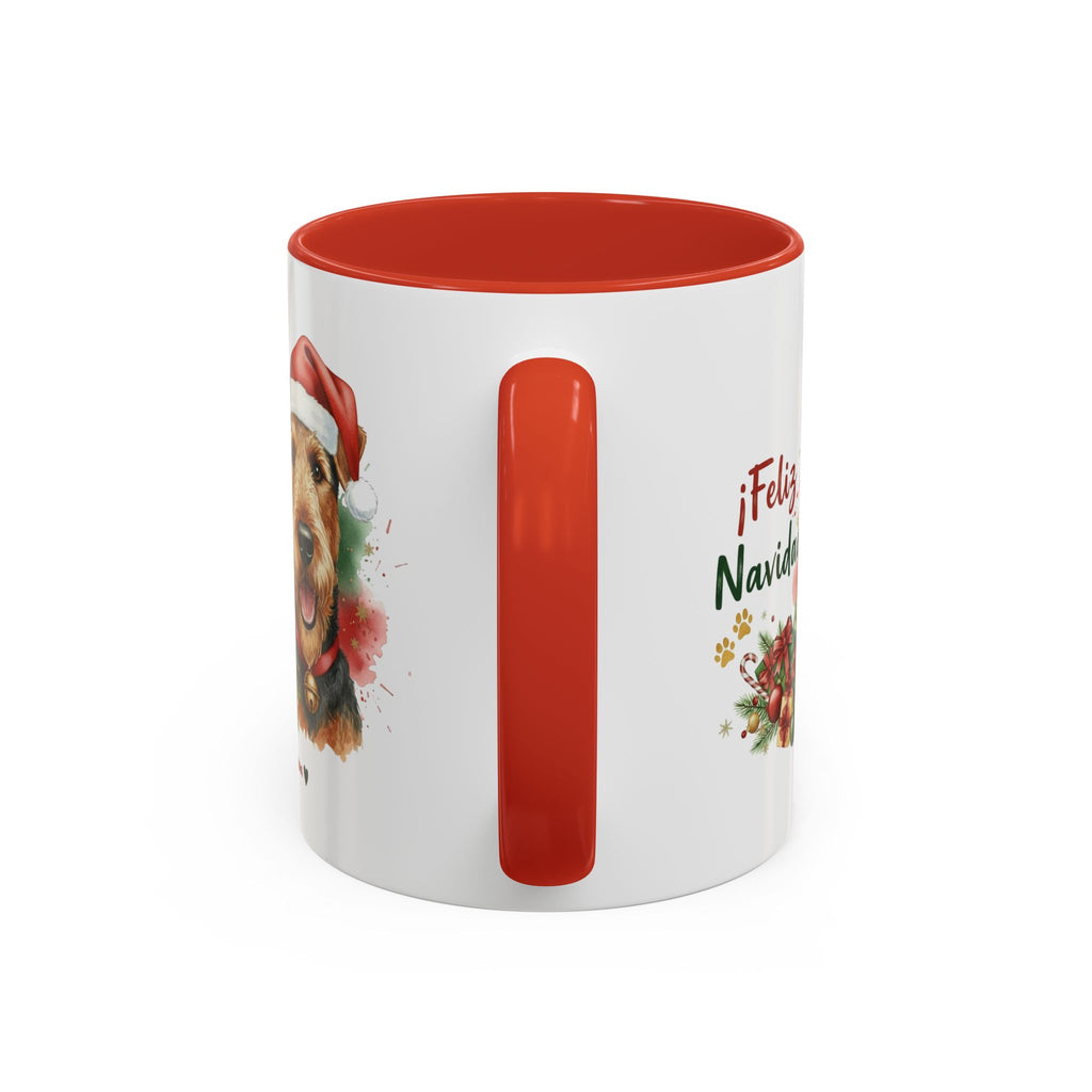 Taza Navideña Airedale Terrier de 325 ml con interior y asa en rojo navideño vista lateral Kiranoa