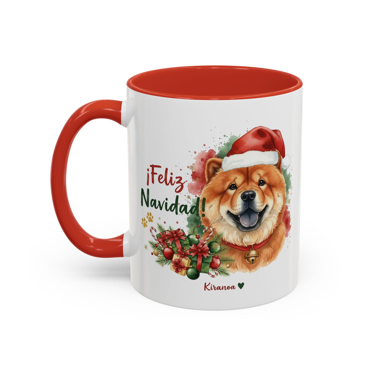 Taza Navideña Chow Chow con interior y asa roja vista trasera Kiranoa
