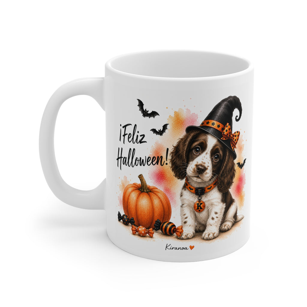 Taza cerámica Springer Spaniel Halloween con diseño impreso en ambas caras vista trasera Kiranoa